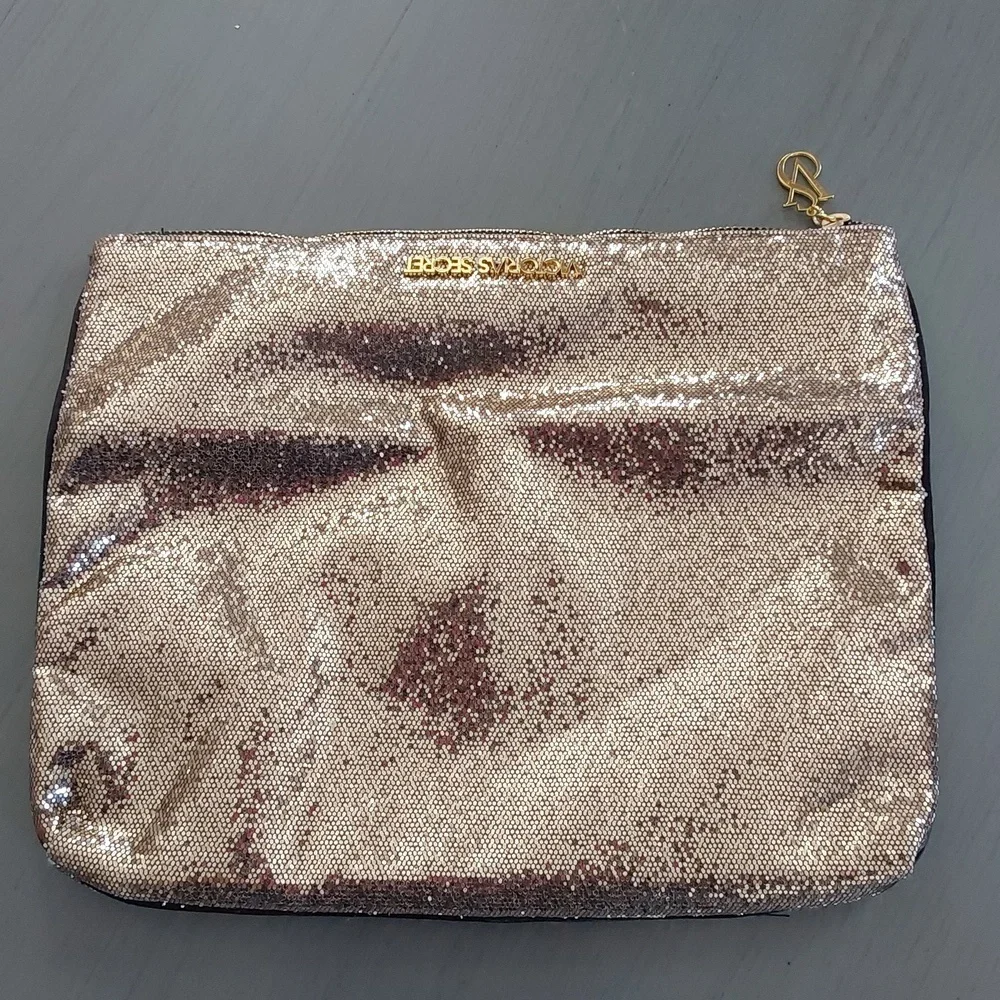 Victoria's Secret Gold Metallic Shimmer Clutch Bag Top Zip Mirror inc. Sz.Large